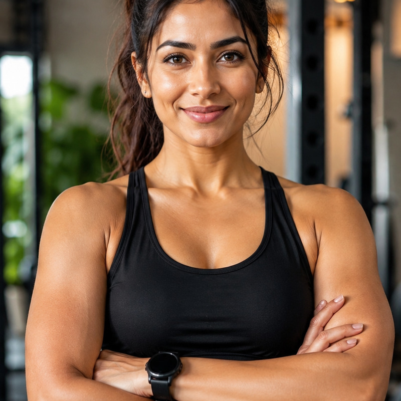 Jerin, certified fitness coach, smiling in the gym