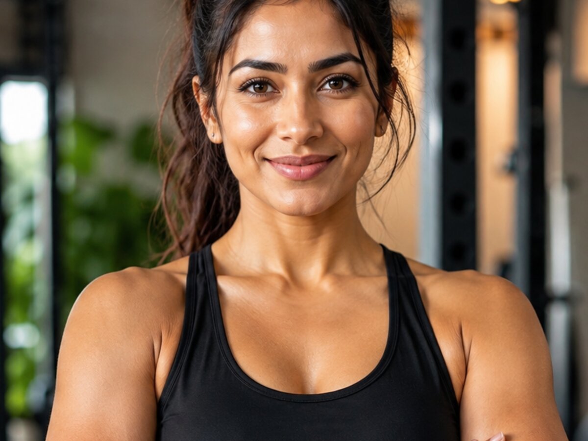 Jerin in the gym, framed from the shoulders up, relaxed and smiling